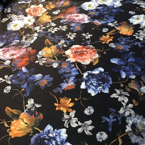 Tessuto multicolore stampato, tessuto per abiti, tessuto floreale, stampa floreale, tessuto nero con stampa floreale, colorato