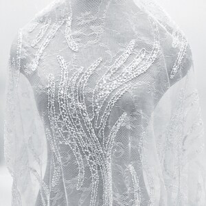 Beaded lace fabric, ivory lace fabric, bridal lace fabric remnant