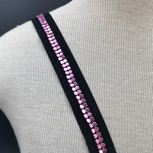 Velvet Beaded Strip, Pink DIY Belt, Sequin Border for Costumes, Home Decor, Fuchsia Beaded Ribbon, Pink Trim, Black Trim, Pink and Black