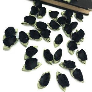 Black Handmade Rose Flowers, Black Rosettes, Black Rosettes with Green Leaves, Black and Green Roses, Ribbon Flowers, Ribbon Roses, Sew On