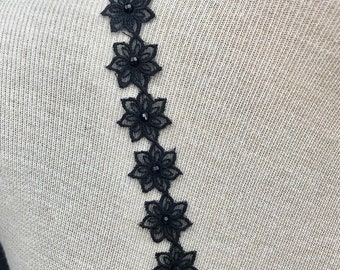 Black Flower Lace Trim, DIY Accessories, Lace Trimming, Black Floral Trim, Floral Lace Trim, Beaded Trim, Flowers Trimming, Black Lace Trim