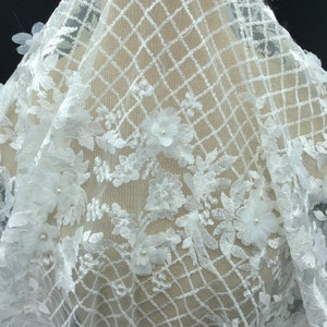 Ivory bridal 3d flower pearls remnant  fabric, wedding fabric
