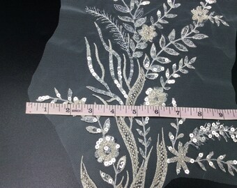 Silver beaded patch applique,sew on luxury piece