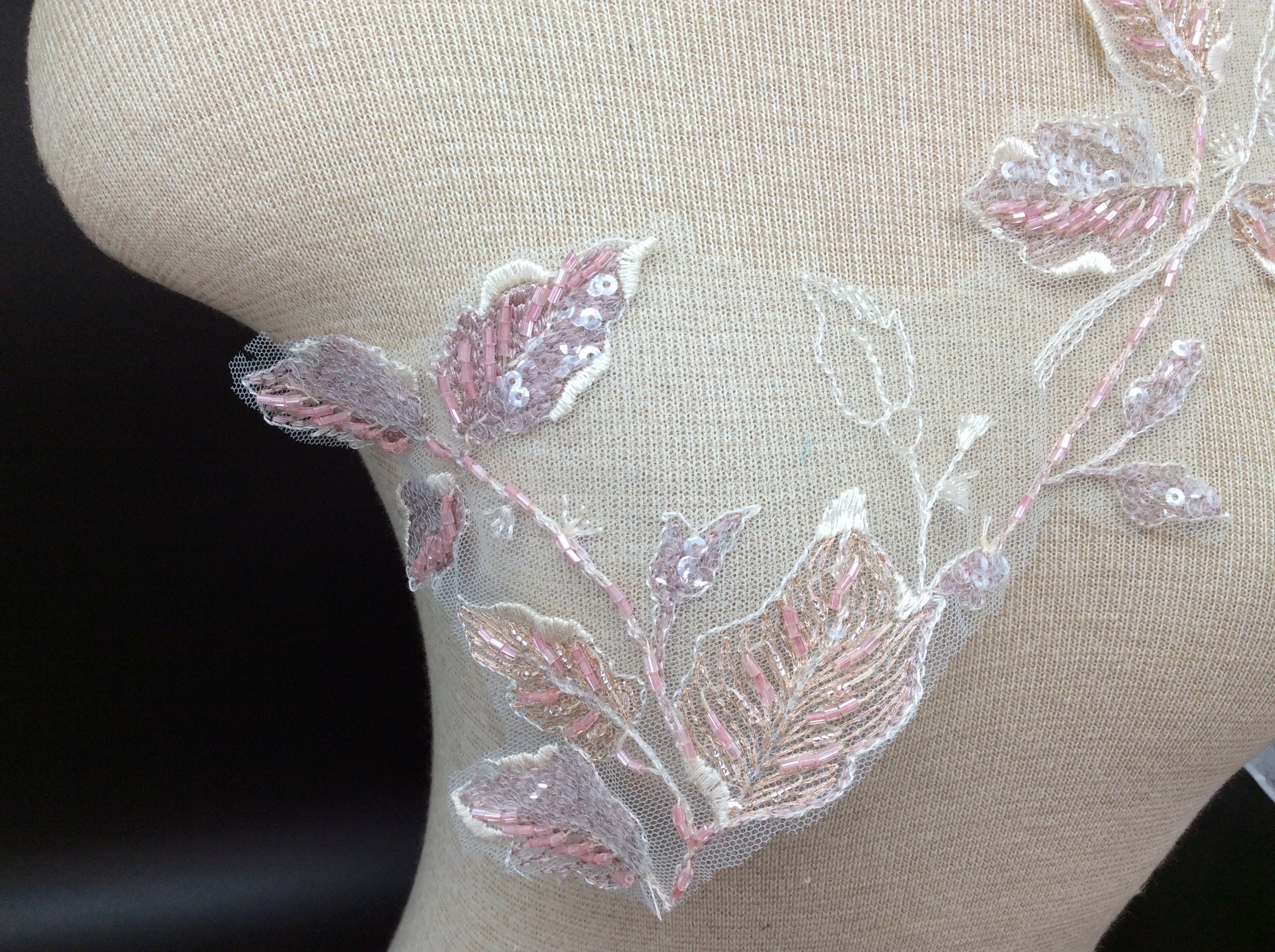 bridal appliques,pink lace remnant pink floral applique pink beaded lace applique