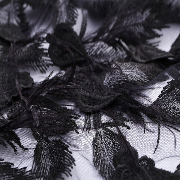 black beaded lace with feathers, black and silver lace,lace with feathersFREE SHIPPING