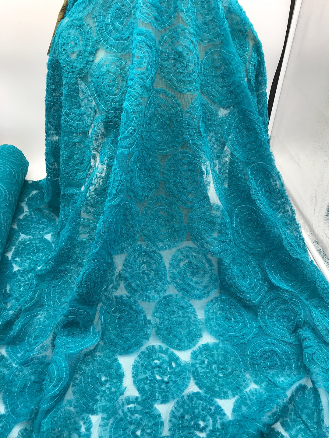 Turquoise Tulle Ruching Embellishment Fabric, Blue Green Gathered