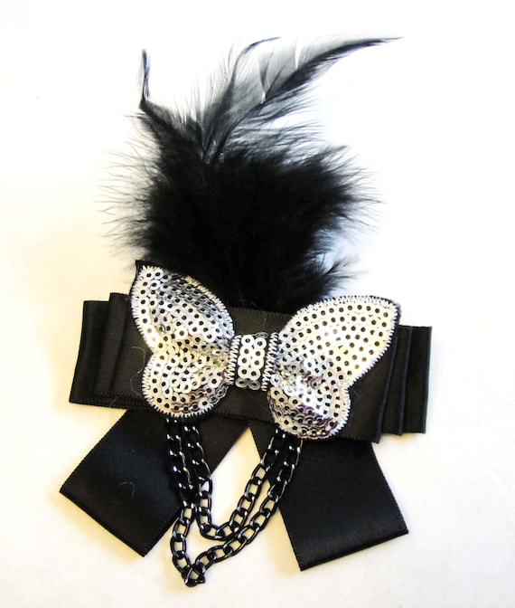 Elegant Black Feather Bow Fascinator or Brooch Black Brooch With Feathers, Jeweled Black Feather  main image 4