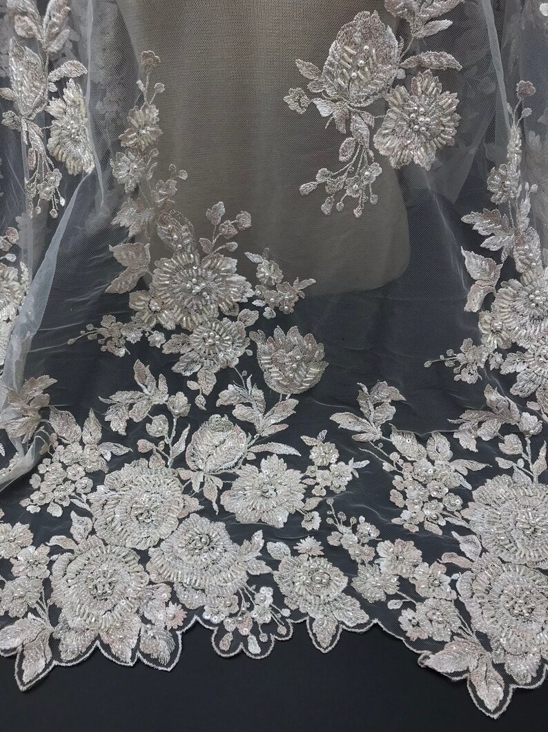 Pink and Ivory Beaded Lace Fabric Pink Fabric Pink Lace Etsy Canada