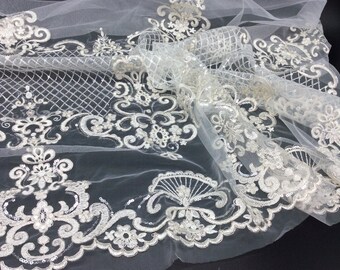 Off white sample Embroidered Tulle Lace,silver cording, beaded lace Embroidery, Dress Fabric
