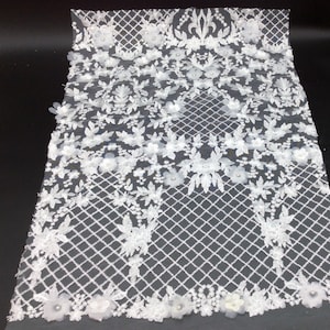 Ivory bridal 3d flower pearls remnant  fabric, wedding fabric