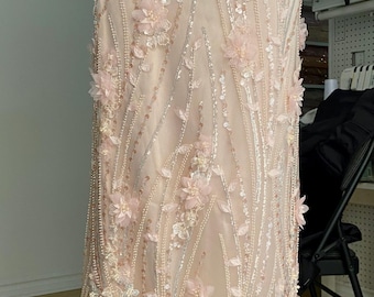 Pink lace tulle fabric with pearls and Sequins, party dress material