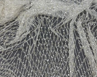 White Tulle with Silver Diamond Beading – Elegant Couture mesh Fabric