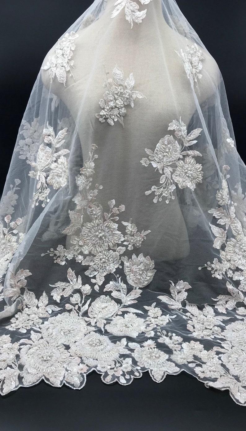 Pink and Ivory Beaded Lace Fabric Pink Fabric Pink Lace Etsy