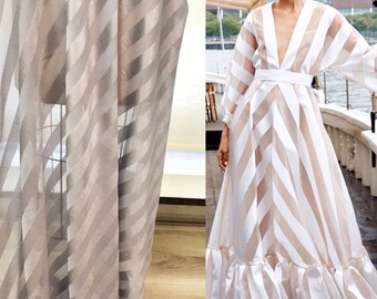Grey silk chiffon, 100% silk chiffon, grey chiffon fabric, Burnout satin stripe chiffon