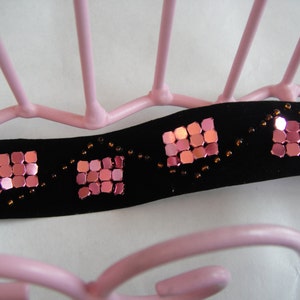 Pink beads on black velvet trim ribbon, Black velvet ribbon, black with pink beads, Black Trim, Trim, Beaded Trim (15-086)