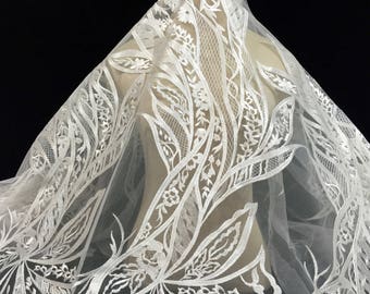 Tela de encaje, Tul bordado, Encaje de vestido de novia, Tela de novia, Tela blanca, Material de encaje de marfil claro