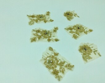 Gold bead Applique, 3D floral sew on embellishment,floral beaded trim