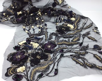 Gold  sequined black stretch tulle, fancy remnant scrap