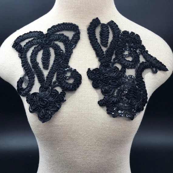 Black Applique, Fabric Embroidered Applique, Black Lace Applique, Lace  Embroidery, Black Patch, Lace Dress Applique, Beaded Lace Applique 