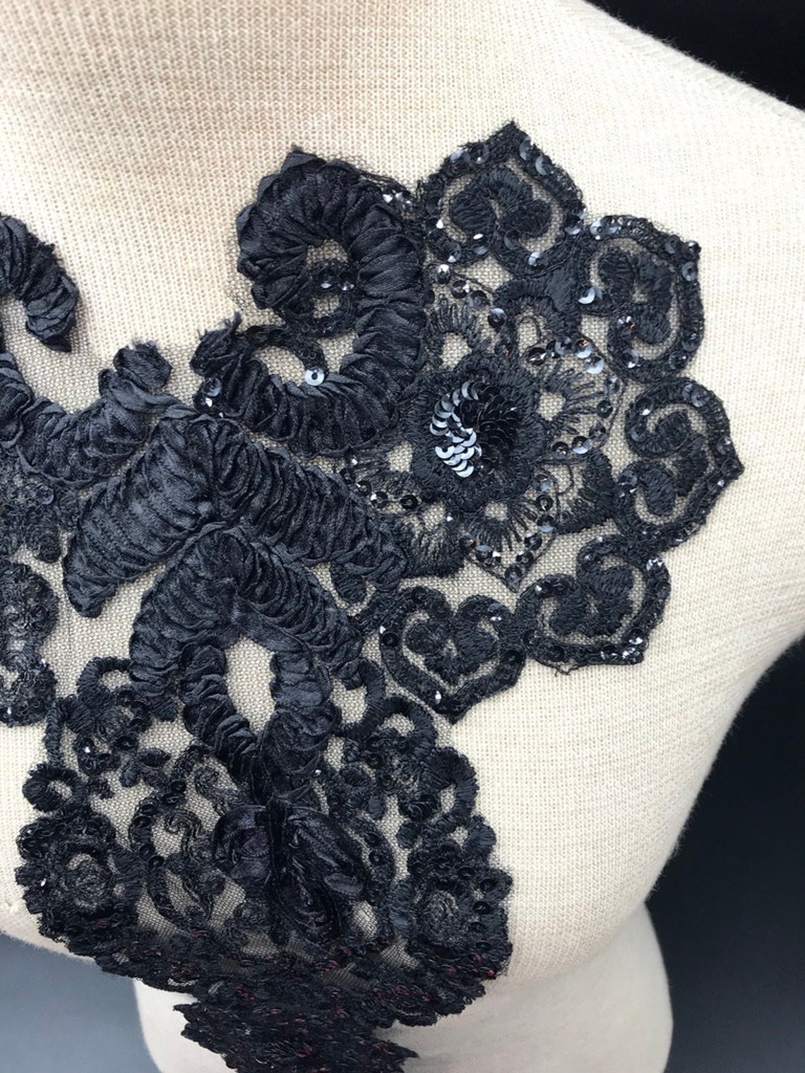 Black Beaded Lace Applique Sequin Applique Remnant Applique Etsy