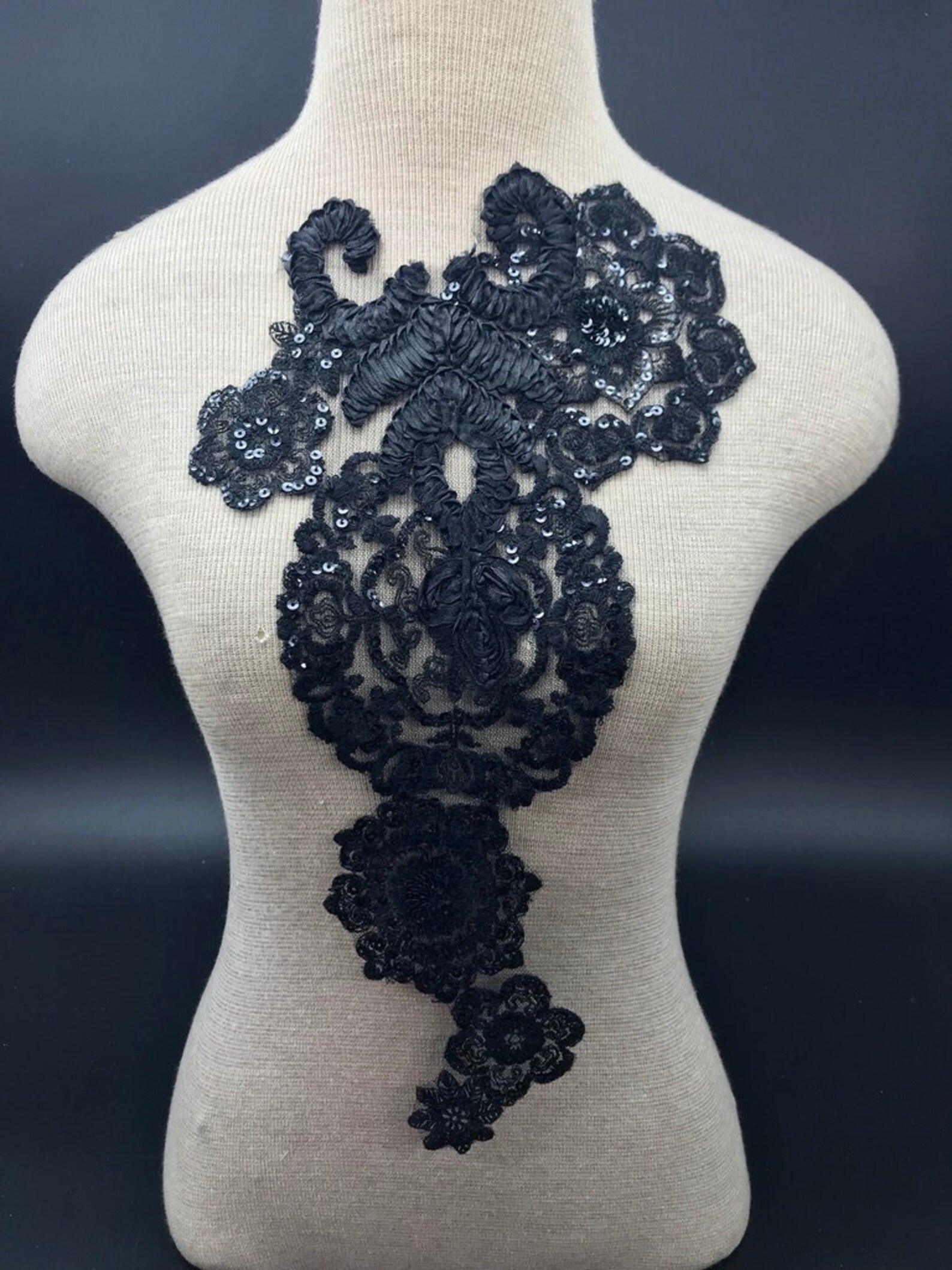 Black Beaded Lace Applique Sequin Applique Remnant Applique Etsy