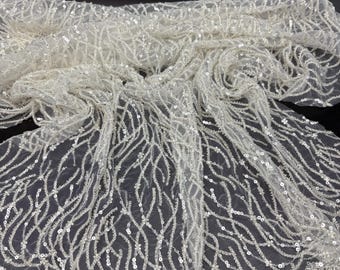 White Beaded Tulle with Silver Sequin Vine Pattern – Couture Bridal Fabric
