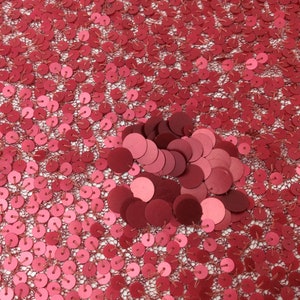 Könnte beinhalten: Roter Paillettenstoff mit einem Muster aus kleinen und großen Pailletten. Der Stoff hat eine zarte, spitzenartige Textur.