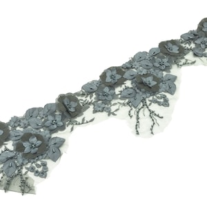 Grey flower lace , grey lace,3d flower lace trim, dark grey flower, 30”x7”