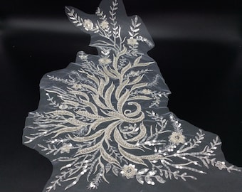 Silver beaded patch applique,sew on luxury piece