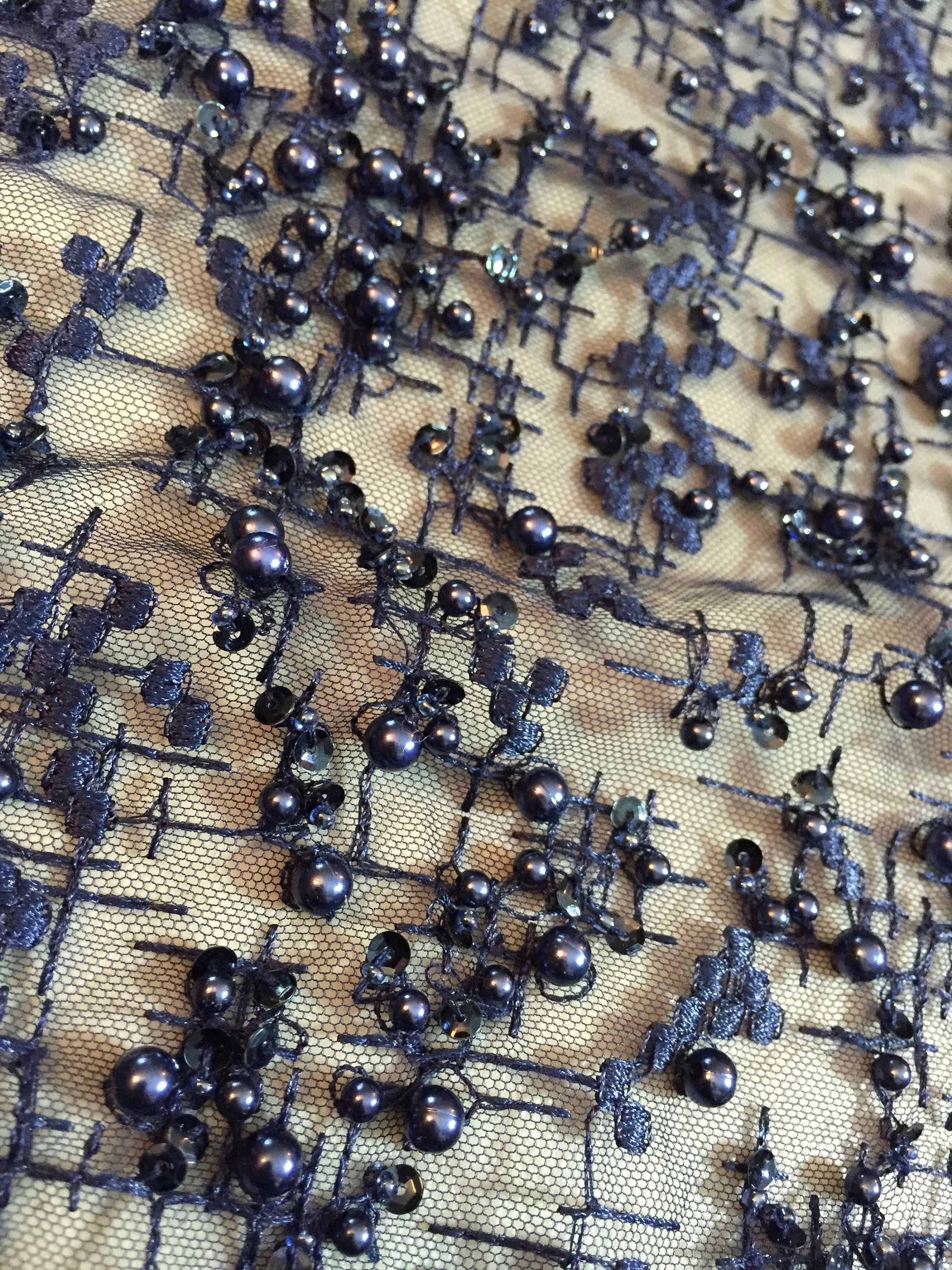 Navy Blue Beaded Lace Beaded Fabric Lace Fabric Navy Blue Etsy