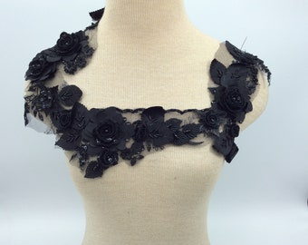 Black 3d flower appliqué, Lace , Black Patch, Lace Dress Applique, Beaded Lace Applique