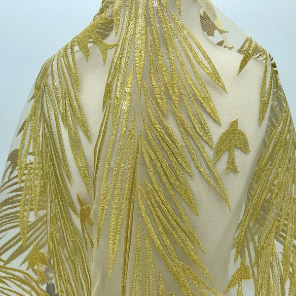 Gold Lace, Embroidered Lace, Lace with Birds, Sequin Embroidered Lace, Leaf Embroidery, Embroidered Lace Fabric, Lace Material