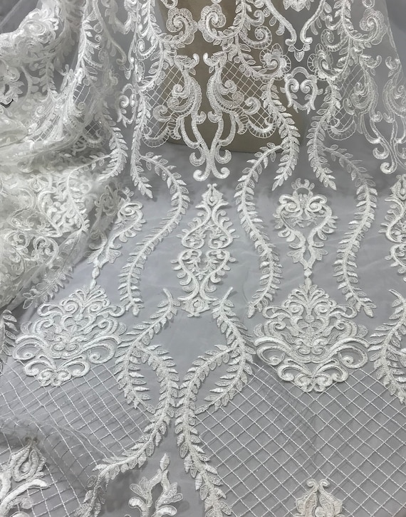Lace Fabric, Light Ivory Bridal Beaded Lace, Bridal Lace, Light Ivory Lace Material, lace remnant 22 inches