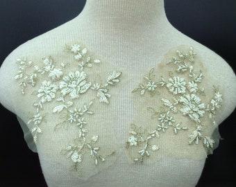 Vintage beige beaded lace patch,sew on lace ,sew on embroidery