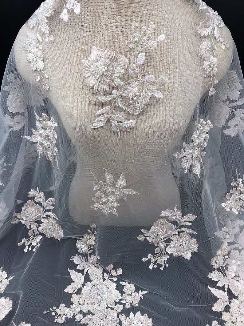 Pink and Ivory Beaded Lace Fabric Pink Fabric Pink Lace Etsy Canada