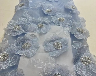 blue 3D flower beaded tulle fabric dress fancy organza base