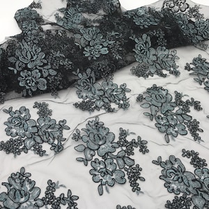 Black and lace tulle, black and teal patch, teal metallic floral, teal corded lace, remnant lace