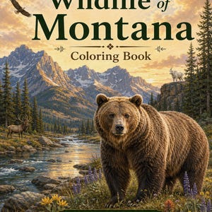 May include: A coloring book titled Wild America Series Wildlife of Montana by D. Simmons. The cover features a brown bear in the foreground, a river, mountains, a flying eagle, an elk, and a mountain goat amidst wildflowers and pine trees.