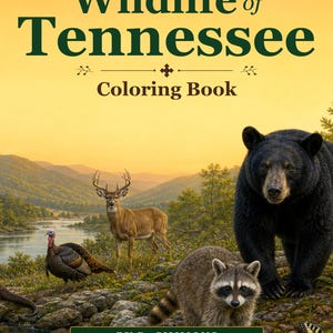 May include: A coloring book titled Wild America Series Wildlife of Tennessee by D. Simmons. The cover features a black bear, a raccoon, a deer, and a turkey in a landscape with mountains, a river, and a butterfly under a yellow sky.