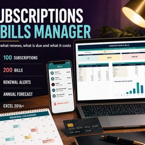 Può includere: Un gestore digitale di abbonamenti e bollette visualizzato sullo schermo di un portatile e di uno smartphone. L'interfaccia mostra dati finanziari, avvisi di rinnovo e una previsione annuale. Sono presenti un calendario fisico e una carta di credito.
