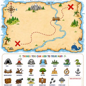 May include: A colourful treasure map activity sheet featuring a large central island with a winding river, a compass rose, and two red X marks. Below, a grid displays icons like a cave, volcano, skull rock, and treasure chest for customisation.