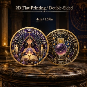 May include: A double-sided circular coin measuring 1.57 inches in diameter with 2D flat printing. One side shows a figure with a crystal ball and book, labeled THE SEER, GUIDE OF FATE. The other side features tarot cards and a crystal ball.