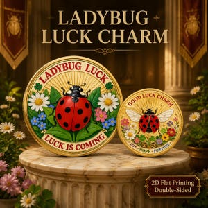 Op de afbeelding: Twee ronde, goudkleurige metalen schijven met illustraties van lieveheersbeestjes. De grotere schijf bevat de tekst LADYBUG LUCK en LUCK IS COMING. De kleinere schijf toont GOOD LUCK CHARM, JOY, HOPE, FORTUNE. Beide met bloemmotieven en 2D-print.