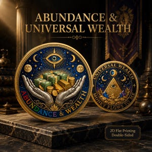 May include: Two circular gold-rimmed coins featuring detailed illustrations. The larger coin displays hands holding stacks of cash and gold bars with an eye symbol. The smaller coin shows a pyramid with an eye and the text UNIVERSAL WEALTH MONEY FLOWS TO ME.
