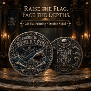 May include: Two circular metal coins with antique silver finishes. The left coin features a shark, a compass, and the text RAISE THE BLACK FIN. The right coin displays a skull, crossbones, an anchor, and the text FEAR THE DEEP. Both coins are double-sided.