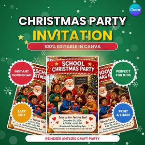 Pode incluir: Um modelo de convite digital para festa de Natal com uma ilustração festiva do Papai Noel e crianças com presentes. O texto diz School Christmas Party, Join us for festive fun, December 20, 2026, 4:00 PM - 6:00 PM, Greenwood Elementary Gym.