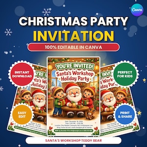 Pode incluir: Um modelo de convite digital para festa de Natal com o Papai Noel e duas crianças em uma oficina. O texto diz: You're Invited! Santa's Workshop Holiday Party, 18 de dezembro de 2026, 14h - 17h, Pine Meadow Community Hall, 24 Wintergreen Lane.
