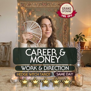 Può includere: Un mazzo di carte dei tarocchi con motivi dorati e rossi decorati aperto a ventaglio. L'immagine presenta sovrapposizioni di testo CAREER & MONEY, WORK & DIRECTION, HEDGE WITCH TAROT, SAME DAY e un badge rosso GRAND OPENING 70% OFF con stelle.