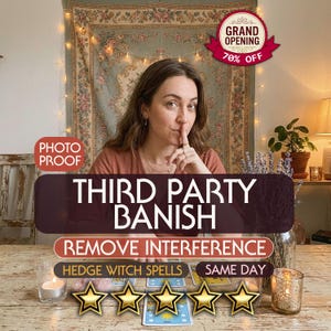 May include: A person with brown hair wearing a rust-colored shirt, positioned behind a wooden table with tarot cards, two lit candles in glass holders, and a vase of dried lavender. Text overlays read Third Party Banish and Remove Interference.