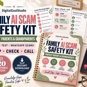 Könnte beinhalten: Ein spiralgebundenes Family AI Scam Safety Kit mit weißem Einband und rosa-grünen botanischen Akzenten. Der Text lautet Family AI Scam Safety Kit, Protect Parents & Grandparents und Small Steps. Safer Tomorrows. Enthält druckbare Seiten, Warnhinweise zu Betrugsmaschen und einen Familien-Verifizierungsplan.